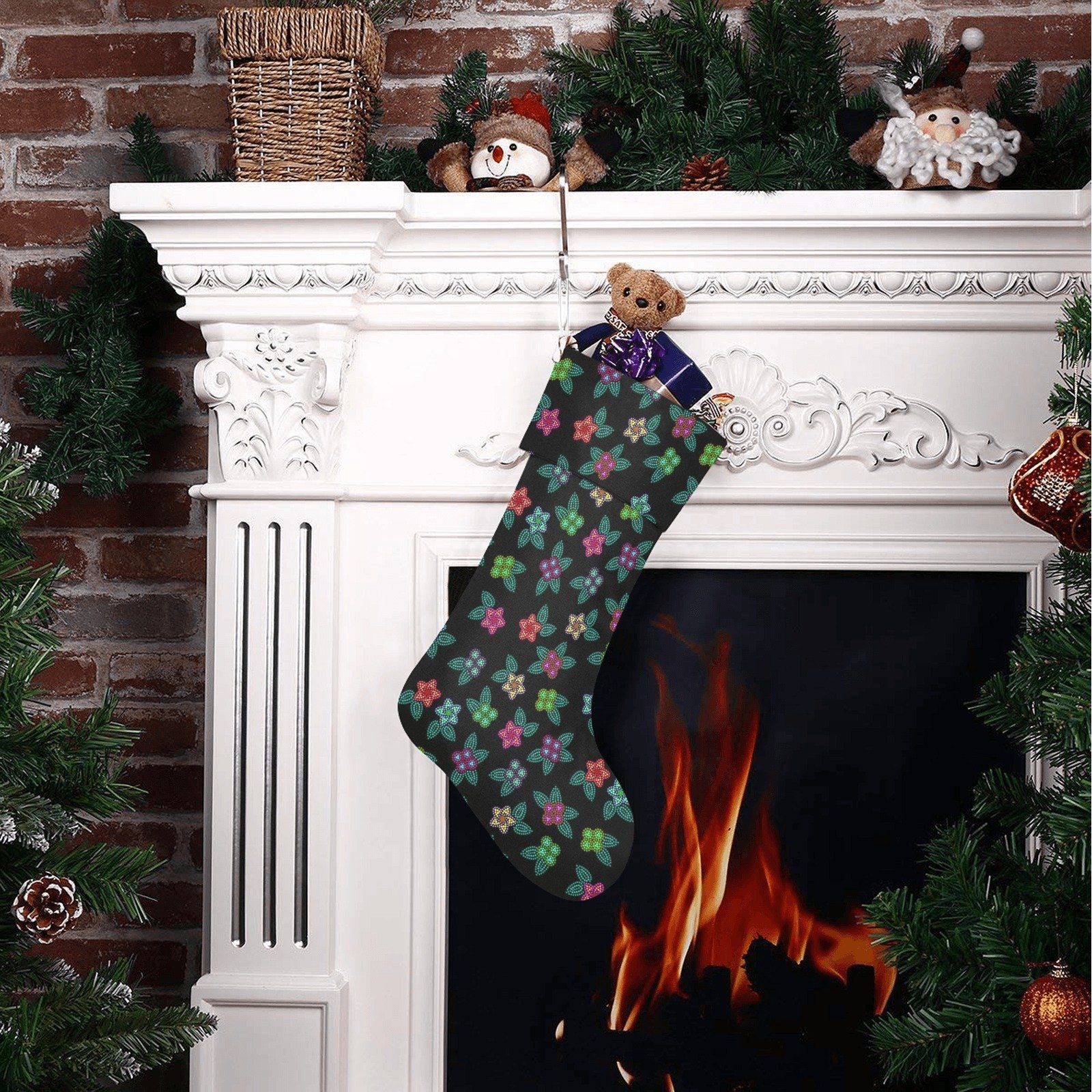 Berry Flowers Black Christmas Stocking holiday stocking e-joyer