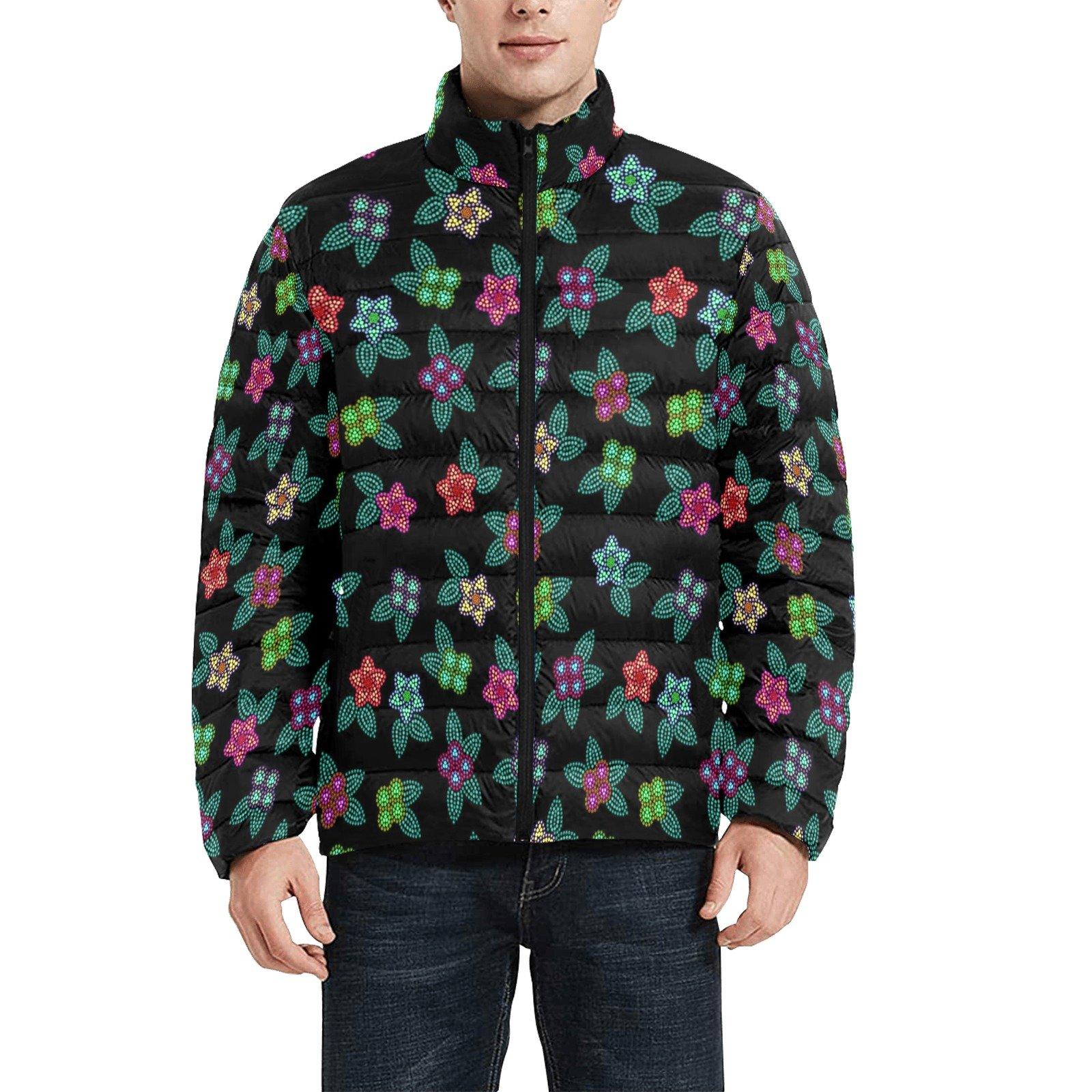 Berry Flowers Black Men's Stand Collar Padded Jacket (Model H41) Men's Stand Collar Padded Jacket (H41) e-joyer