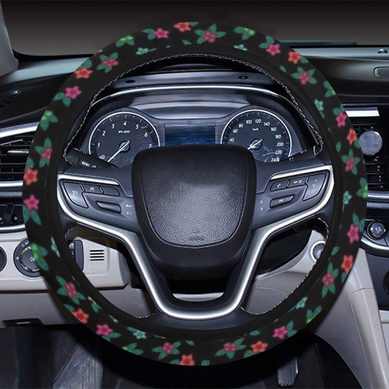 Berry Flowers Black Steering Wheel Cover with Elastic Edge Steering Wheel Cover with Elastic Edge e-joyer