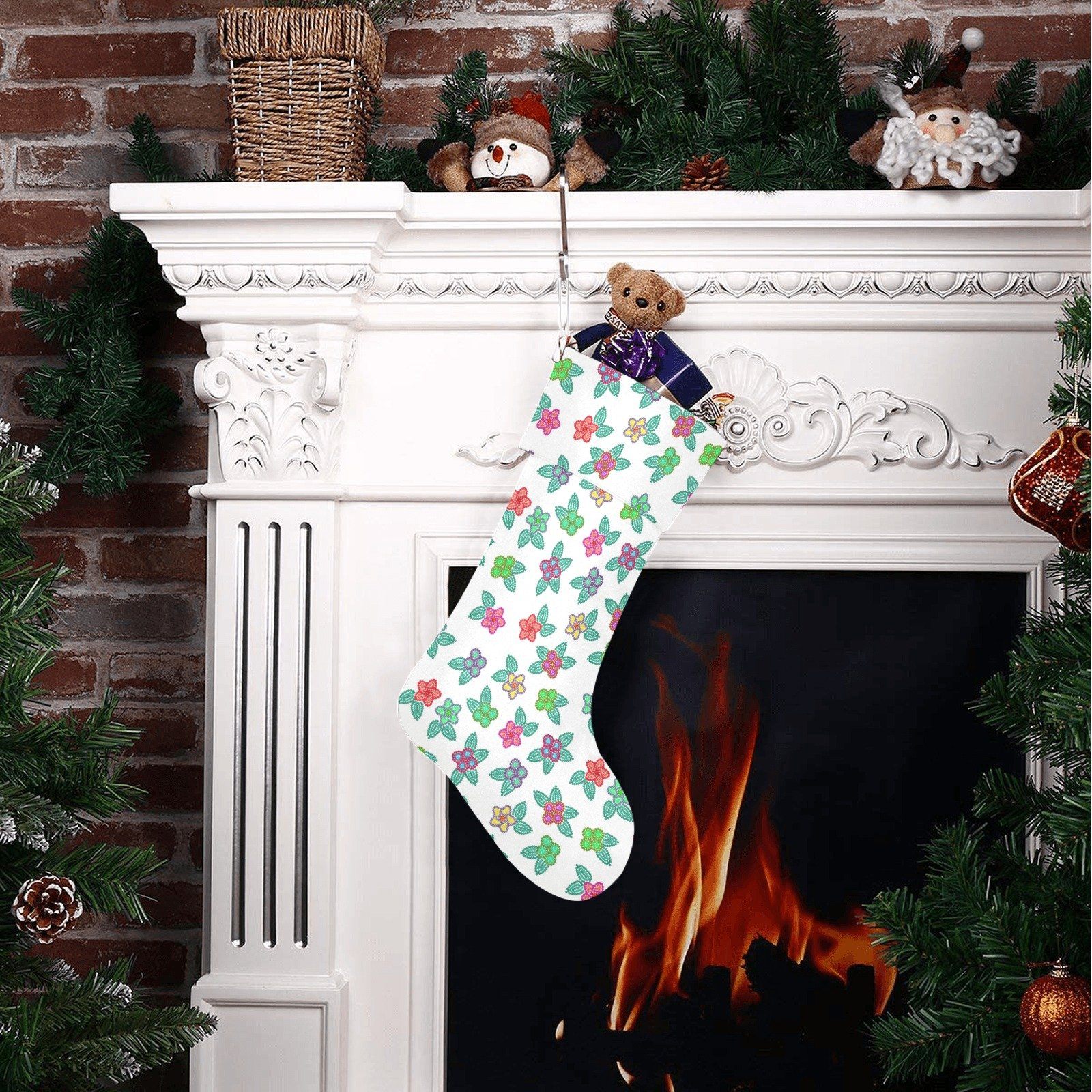 Berry Flowers White Christmas Stocking holiday stocking e-joyer