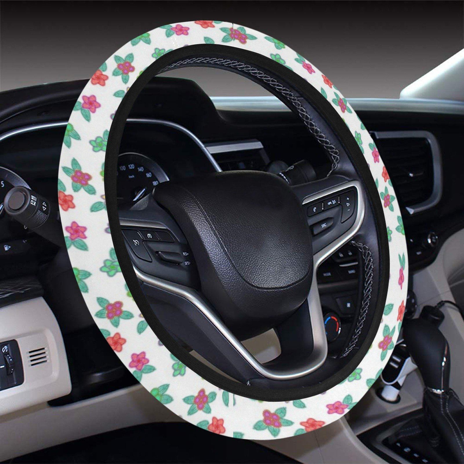 Berry Flowers White Steering Wheel Cover with Elastic Edge Steering Wheel Cover with Elastic Edge e-joyer