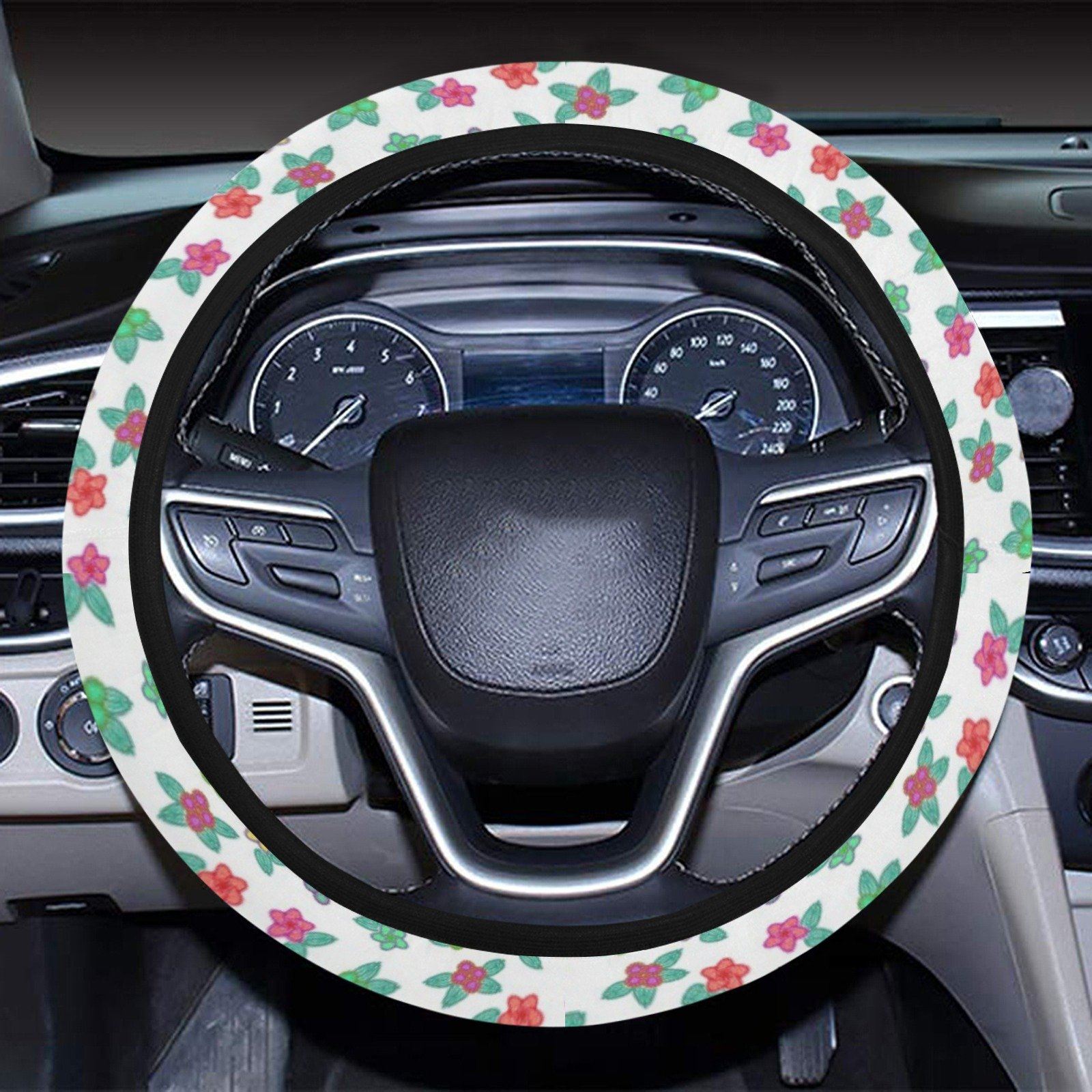Berry Flowers White Steering Wheel Cover with Elastic Edge Steering Wheel Cover with Elastic Edge e-joyer
