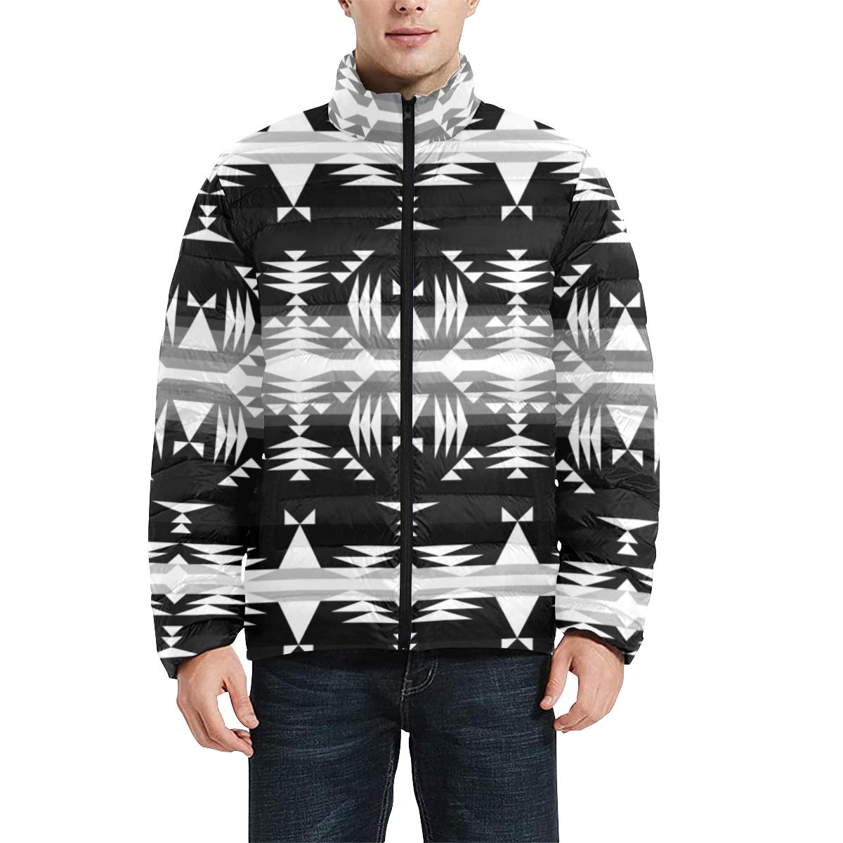 Between the Mountains Black and White Men's Stand Collar Padded Jacket (Model H41) Men's Stand Collar Padded Jacket (H41) e-joyer
