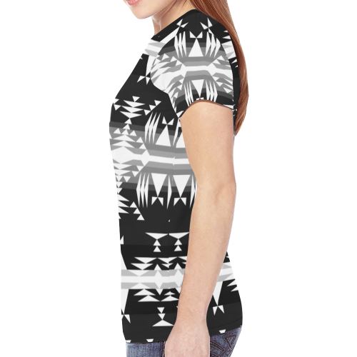 Between the Mountains Black and White New All Over Print T-shirt for Women (Model T45) New All Over Print T-shirt for Women (T45) e-joyer