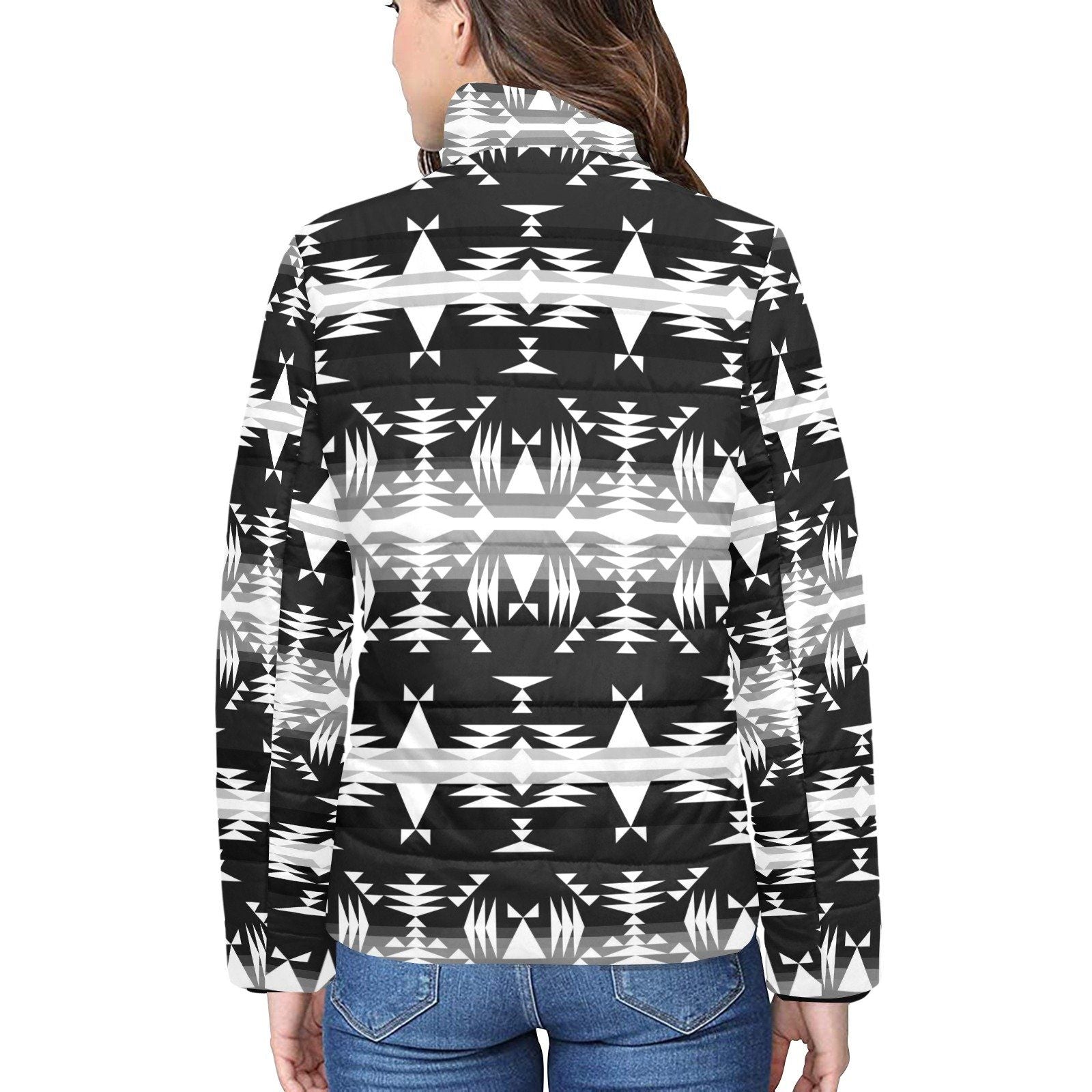 Between the Mountains Black and White Women's Stand Collar Padded Jacket (Model H41) jacket e-joyer