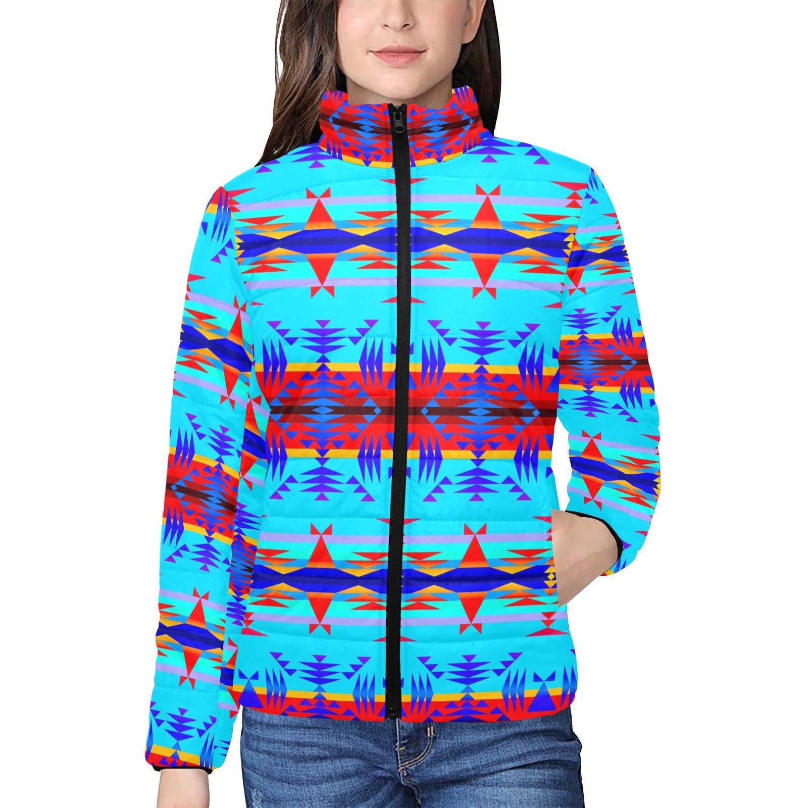 Between the Mountains Blue Women's Stand Collar Padded Jacket (Model H41) jacket e-joyer