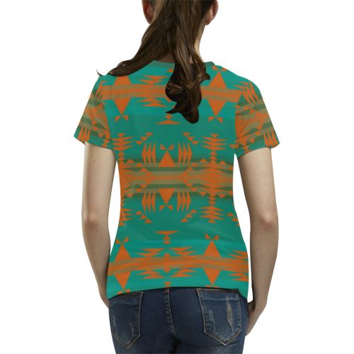 Between the Mountains Deep Lake Orange All Over Print T-shirt for Women/Large Size (USA Size) (Model T40) All Over Print T-Shirt for Women/Large (T40) e-joyer
