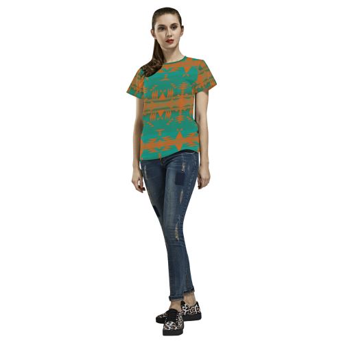 Between the Mountains Deep Lake Orange All Over Print T-shirt for Women/Large Size (USA Size) (Model T40) All Over Print T-Shirt for Women/Large (T40) e-joyer