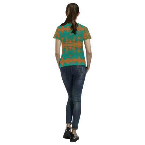 Between the Mountains Deep Lake Orange All Over Print T-shirt for Women/Large Size (USA Size) (Model T40) All Over Print T-Shirt for Women/Large (T40) e-joyer