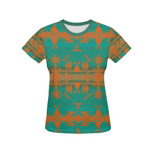 Between the Mountains Deep Lake Orange All Over Print T-shirt for Women/Large Size (USA Size) (Model T40) All Over Print T-Shirt for Women/Large (T40) e-joyer