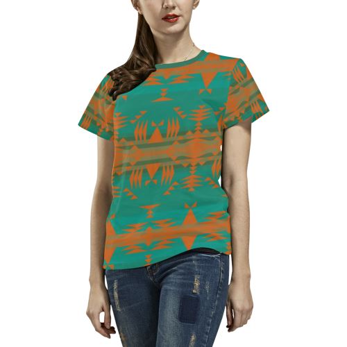 Between the Mountains Deep Lake Orange All Over Print T-shirt for Women/Large Size (USA Size) (Model T40) All Over Print T-Shirt for Women/Large (T40) e-joyer