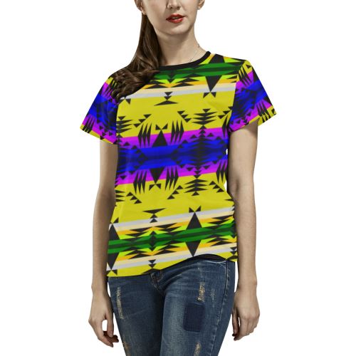 Between the Mountains Greasy Yellow All Over Print T-shirt for Women/Large Size (USA Size) (Model T40) All Over Print T-Shirt for Women/Large (T40) e-joyer