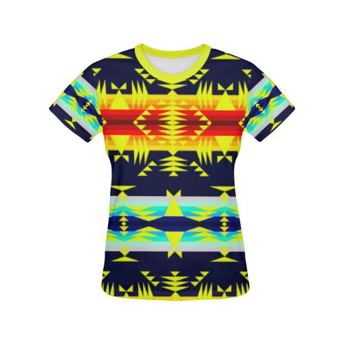 Between the Mountains Navy Yellow All Over Print T-shirt for Women/Large Size (USA Size) (Model T40) All Over Print T-Shirt for Women/Large (T40) e-joyer