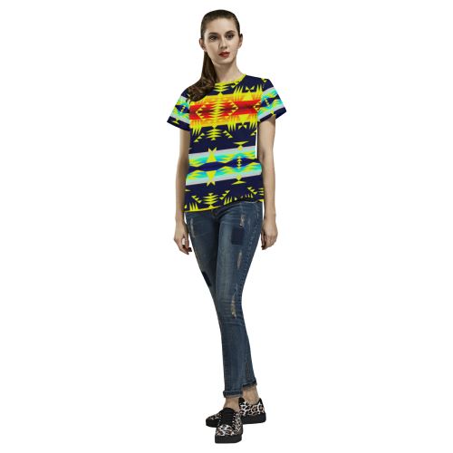 Between the Mountains Navy Yellow All Over Print T-shirt for Women/Large Size (USA Size) (Model T40) All Over Print T-Shirt for Women/Large (T40) e-joyer