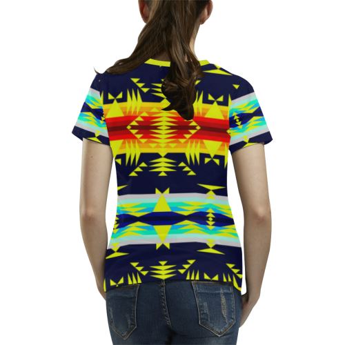 Between the Mountains Navy Yellow All Over Print T-shirt for Women/Large Size (USA Size) (Model T40) All Over Print T-Shirt for Women/Large (T40) e-joyer