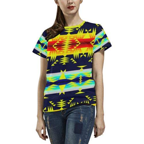 Between the Mountains Navy Yellow All Over Print T-shirt for Women/Large Size (USA Size) (Model T40) All Over Print T-Shirt for Women/Large (T40) e-joyer