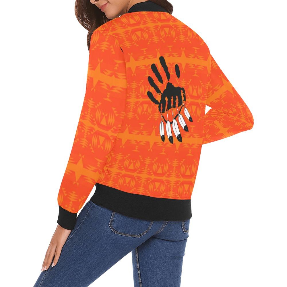 Between the Mountains Orange A feather for each All Over Print Bomber Jacket for Women (Model H19) All Over Print Bomber Jacket for Women (H19) e-joyer