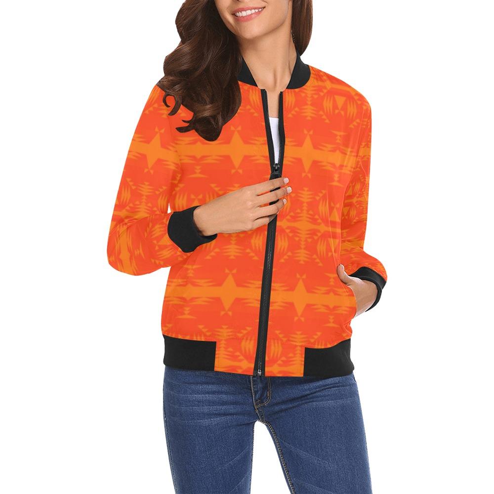 Between the Mountains Orange A feather for each All Over Print Bomber Jacket for Women (Model H19) All Over Print Bomber Jacket for Women (H19) e-joyer