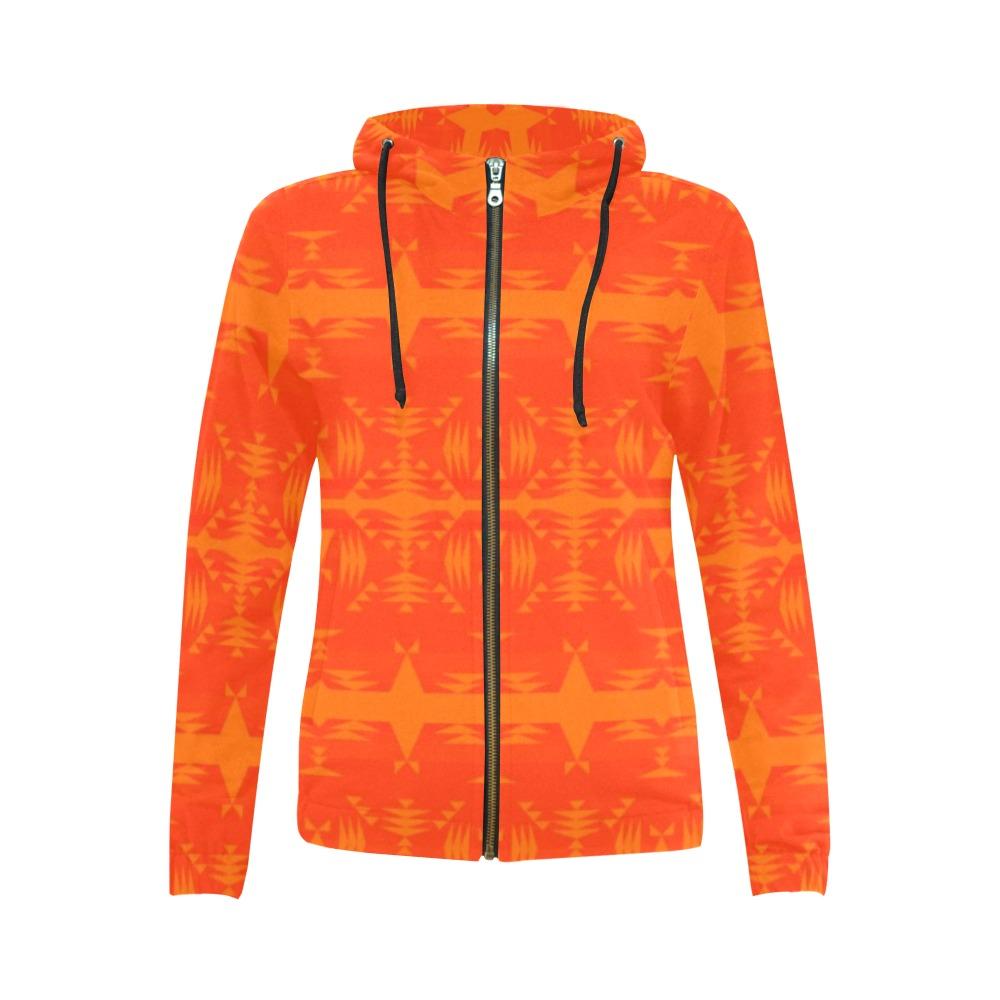 Between the Mountains Orange A feather for each All Over Print Full Zip Hoodie for Women (Model H14) All Over Print Full Zip Hoodie for Women (H14) e-joyer