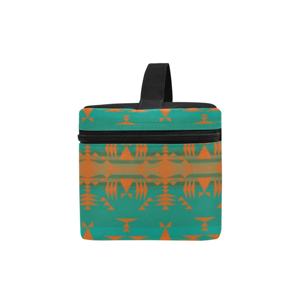 Between the Mountains Teal Orange Cosmetic Bag/Large (Model 1658) Cosmetic Bag e-joyer