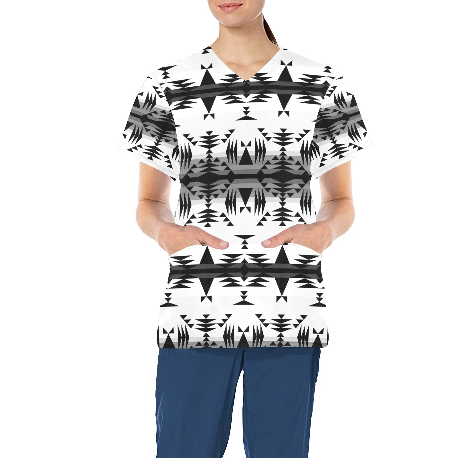 Between the Mountains White and Black All Over Print Scrub Top Scrub Top e-joyer