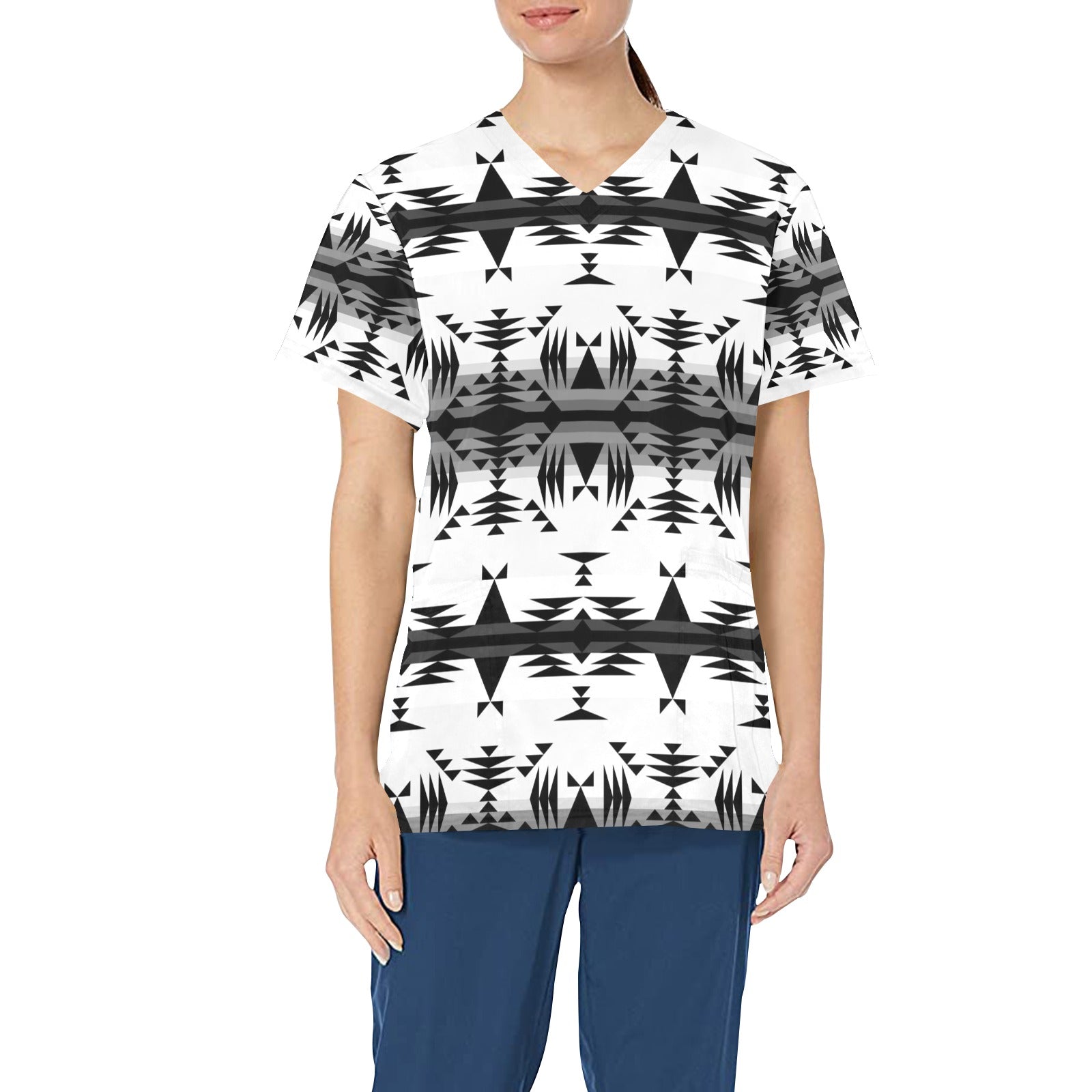 Between the Mountains White and Black All Over Print Scrub Top Scrub Top e-joyer
