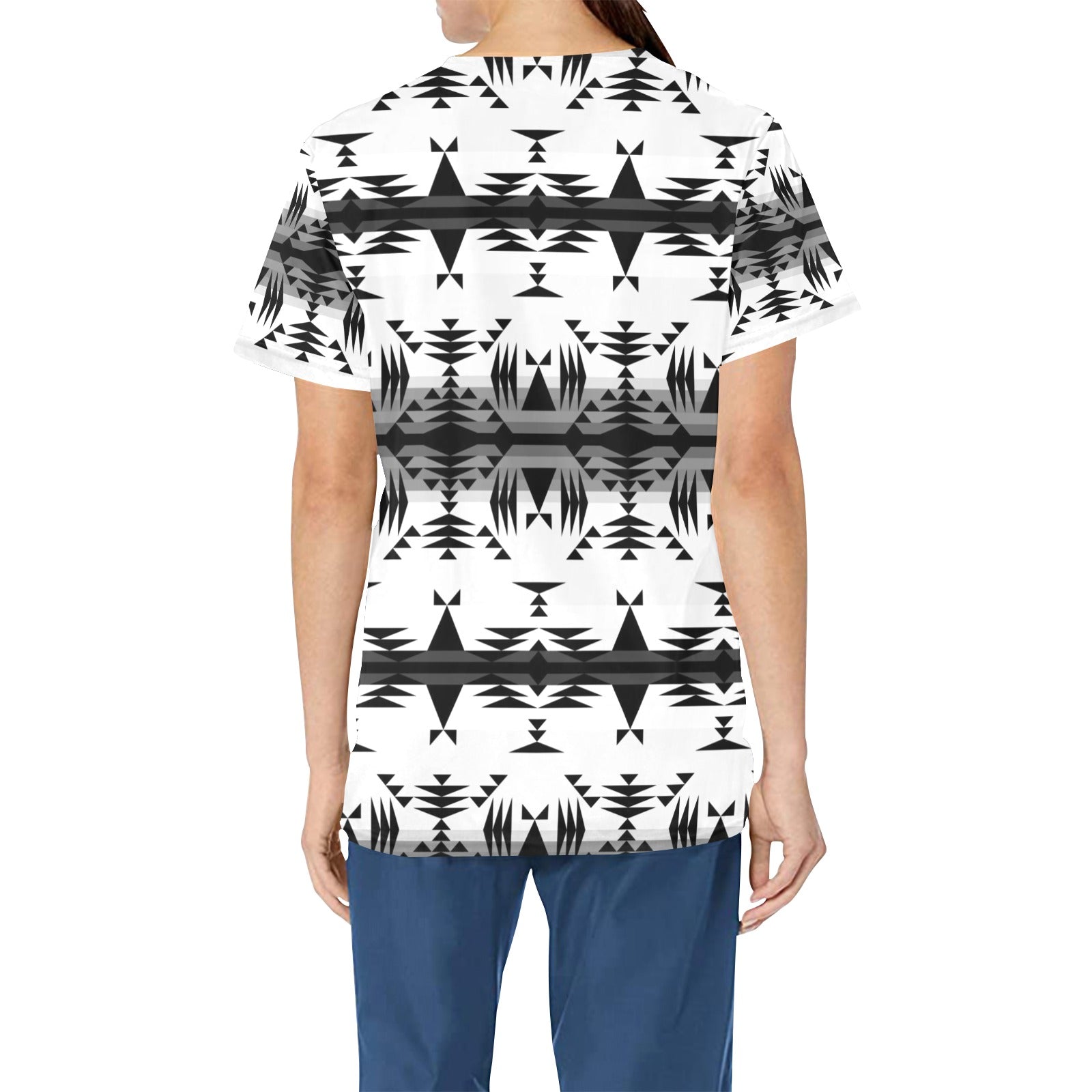 Between the Mountains White and Black All Over Print Scrub Top Scrub Top e-joyer