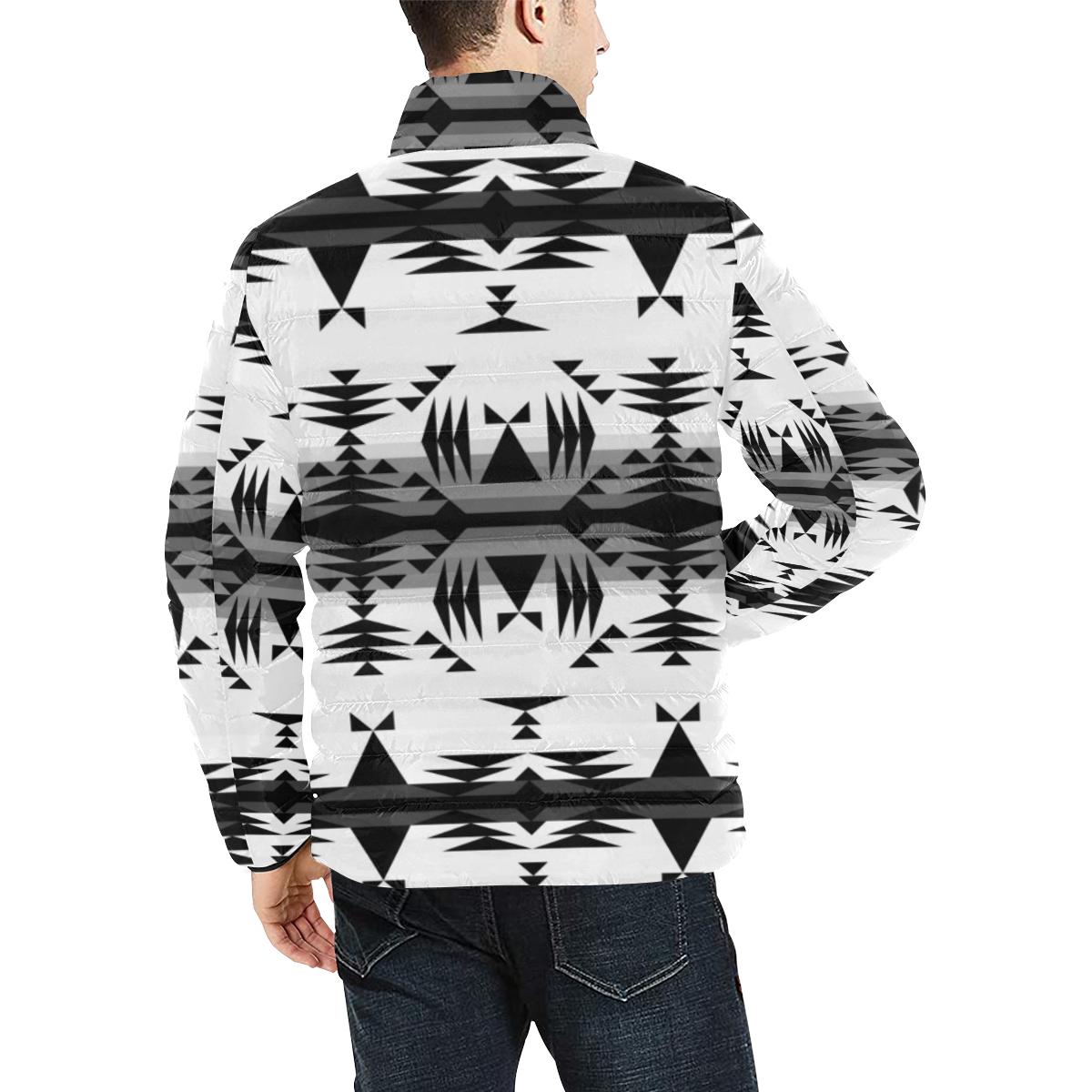 Between the Mountains White and Black Men's Stand Collar Padded Jacket (Model H41) Men's Stand Collar Padded Jacket (H41) e-joyer