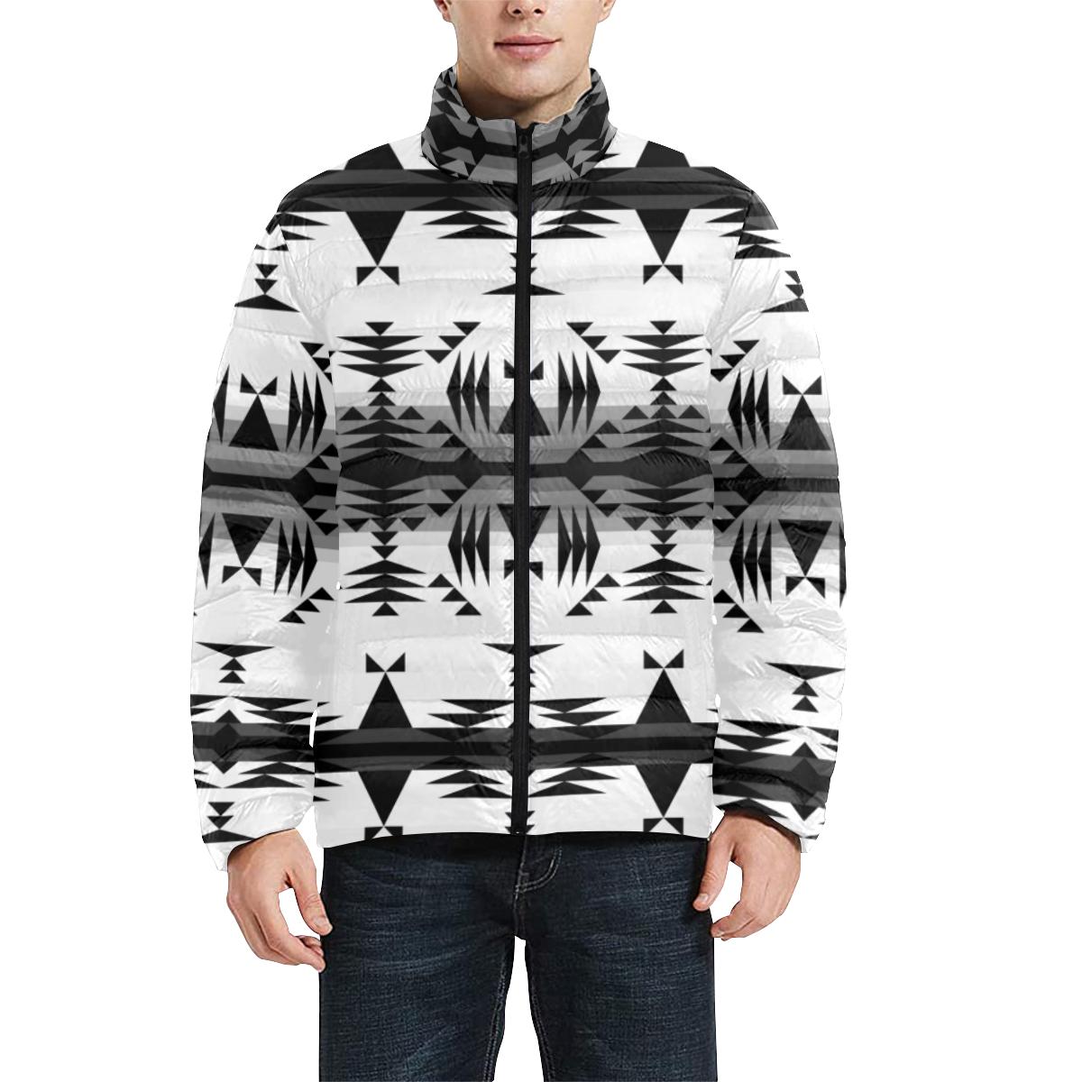 Between the Mountains White and Black Men's Stand Collar Padded Jacket (Model H41) Men's Stand Collar Padded Jacket (H41) e-joyer