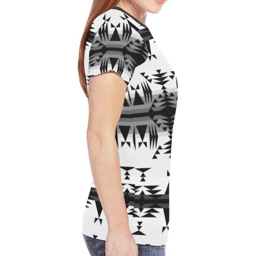 Between the Mountains White and Black New All Over Print T-shirt for Women (Model T45) New All Over Print T-shirt for Women (T45) e-joyer