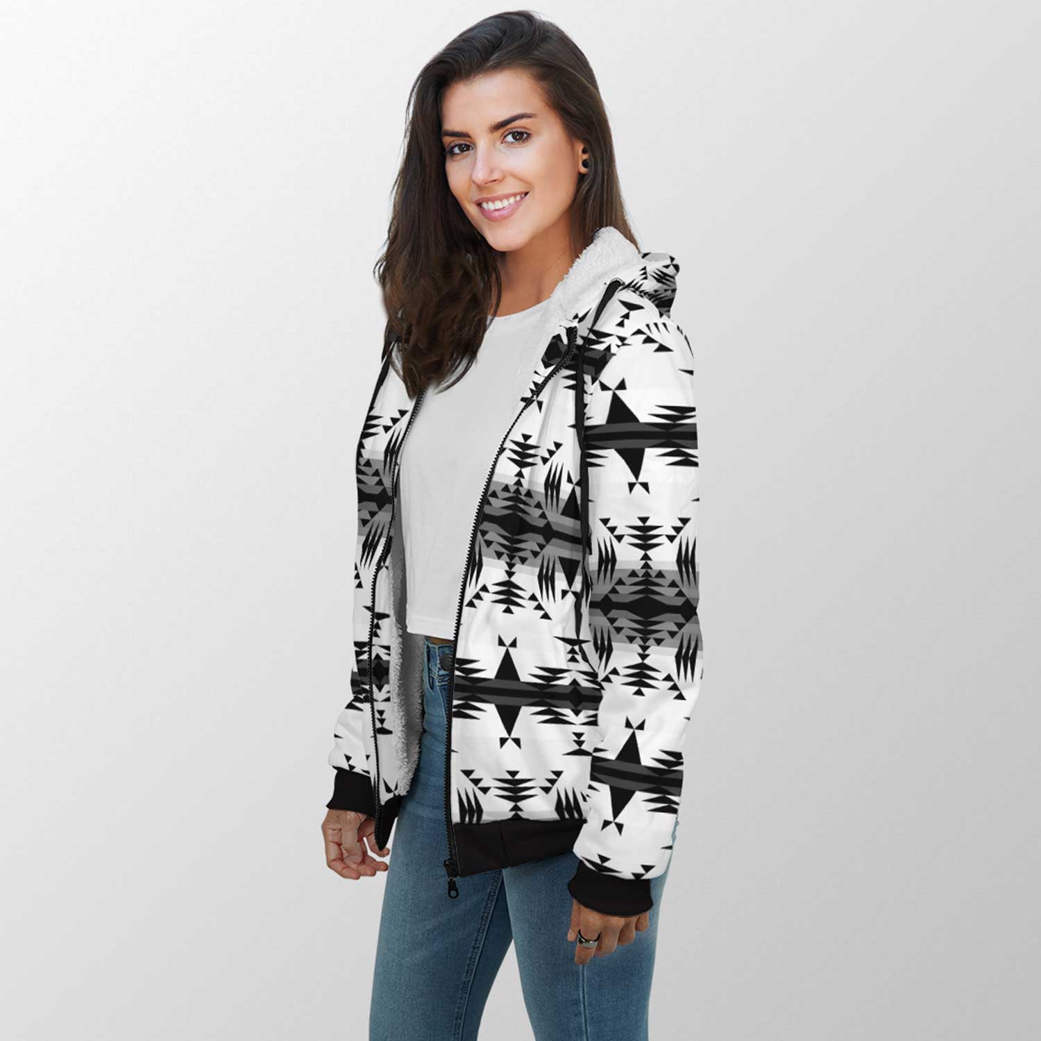 Between the Mountains White and Black Sherpa Hoodie 49 Dzine