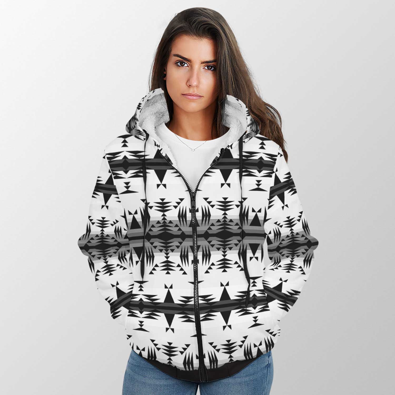 Between the Mountains White and Black Sherpa Hoodie 49 Dzine