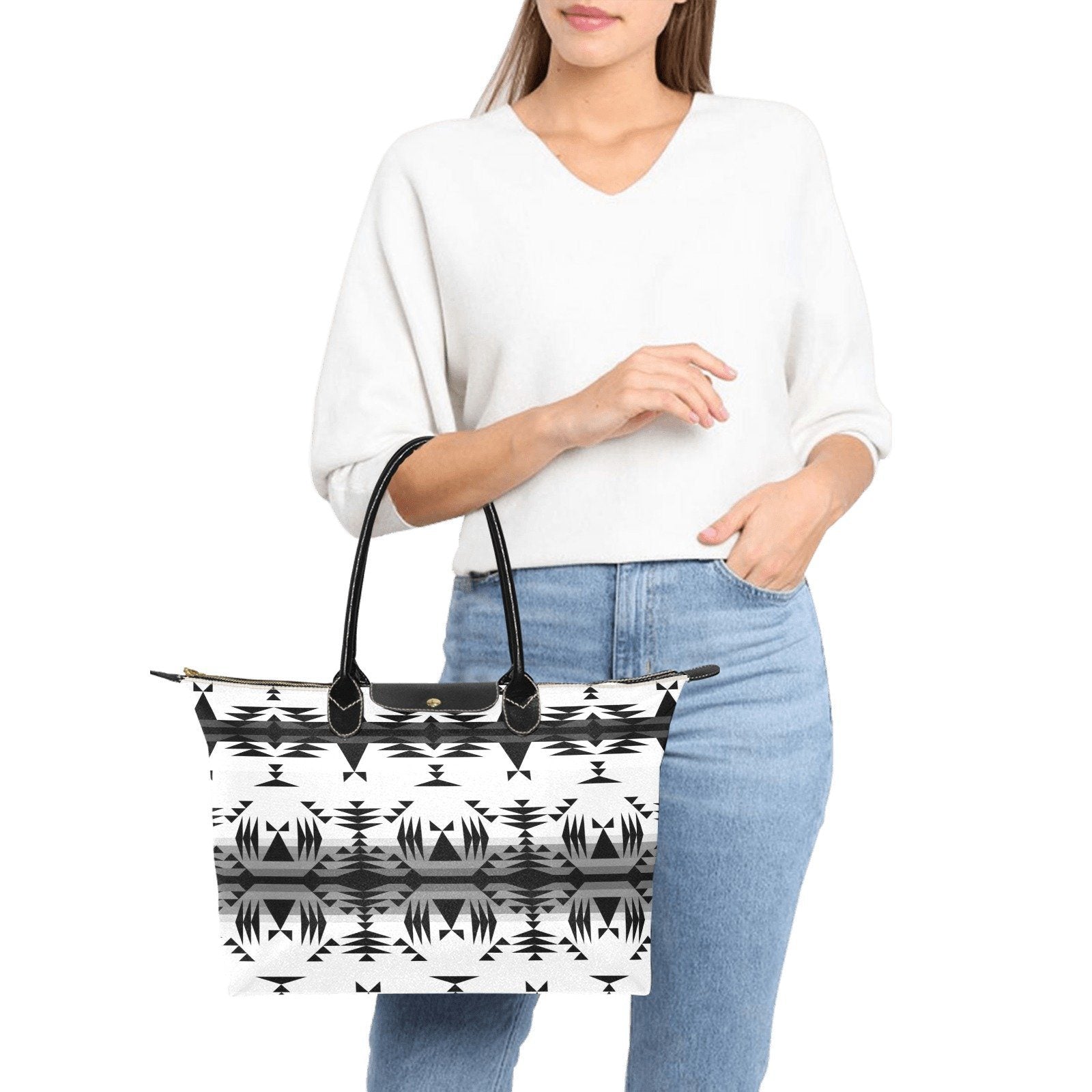 Between the Mountains White and Black Single-Shoulder Lady Handbag (Model 1714) bag e-joyer