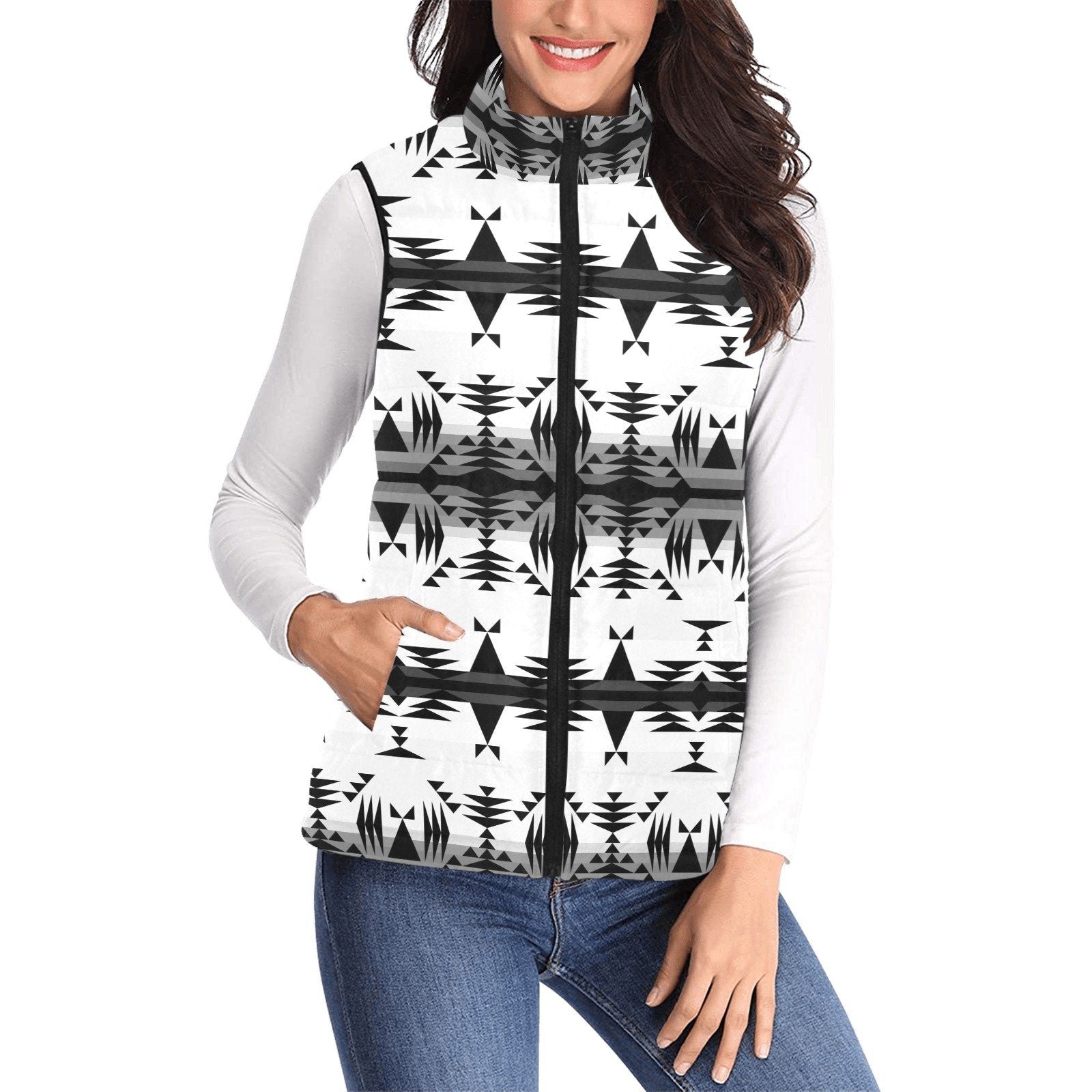 Between the Mountains White and Black Women's Padded Vest Jacket (Model H44) Women's Padded Vest Jacket (H44) e-joyer