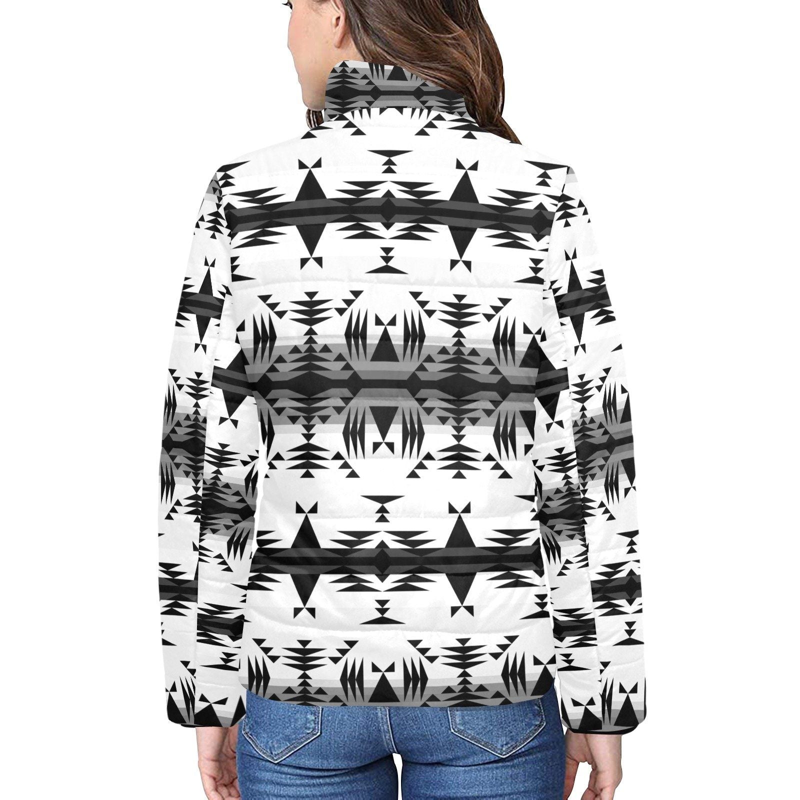 Between the Mountains White and Black Women's Stand Collar Padded Jacket (Model H41) jacket e-joyer