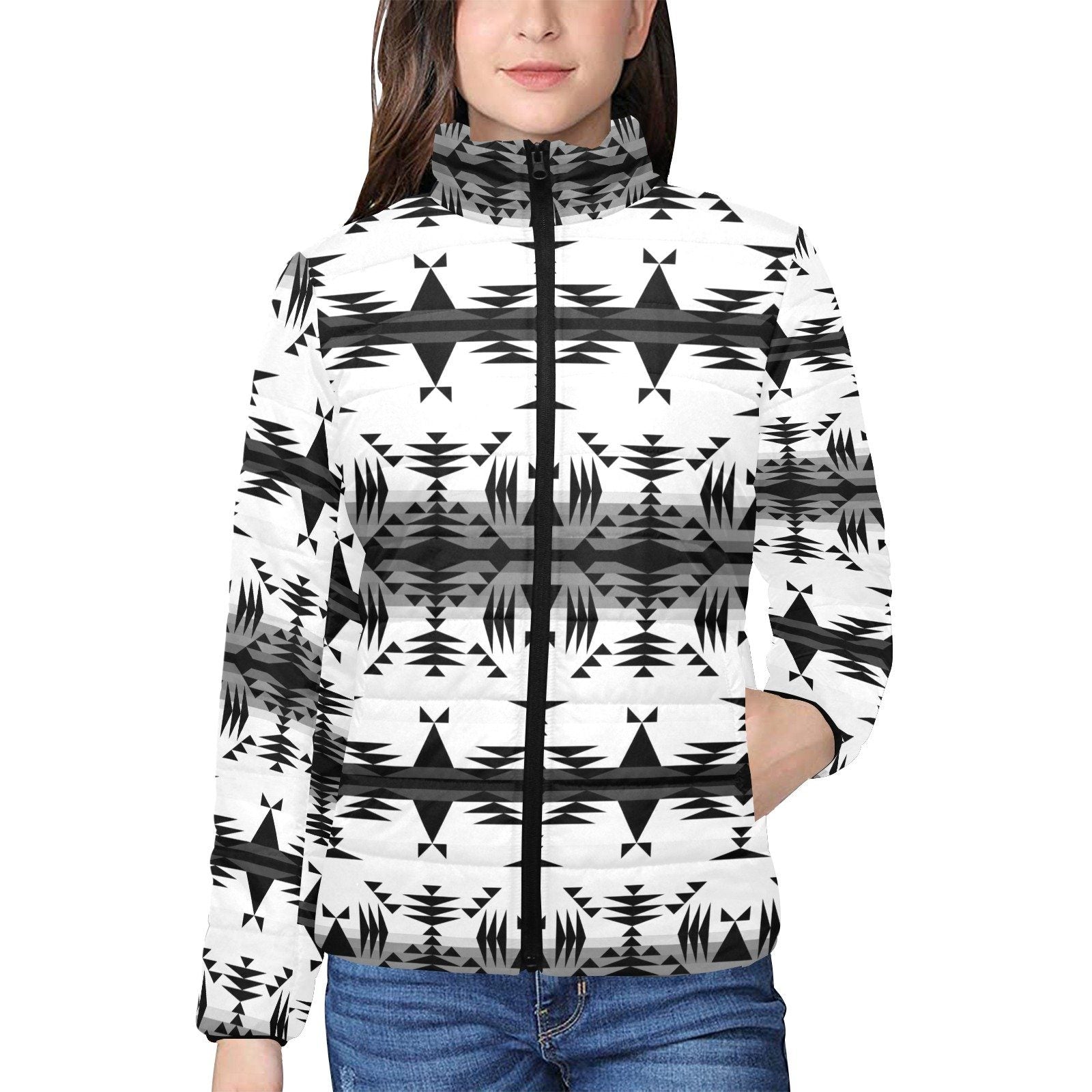 Between the Mountains White and Black Women's Stand Collar Padded Jacket (Model H41) jacket e-joyer