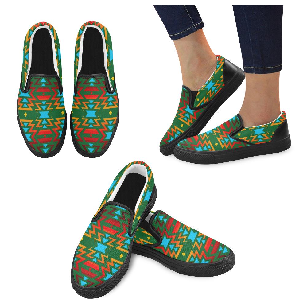 Big Pattern Fire Colors and Sky green Women's Unusual Slip-on Canvas Shoes (Model 019) Women's Unusual Slip-on Canvas Shoes (019) e-joyer