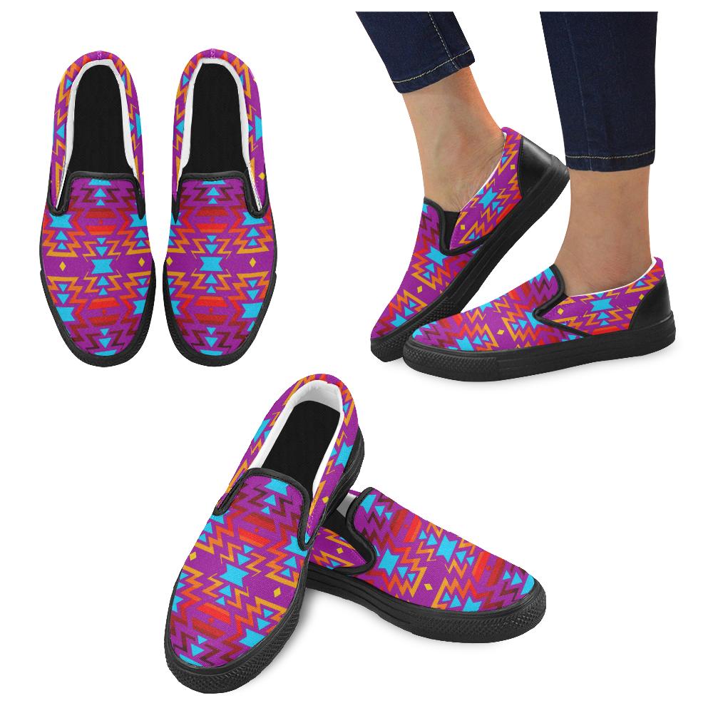 Big Pattern Fire Colors and Sky Moon Shadow Women's Unusual Slip-on Canvas Shoes (Model 019) Women's Unusual Slip-on Canvas Shoes (019) e-joyer