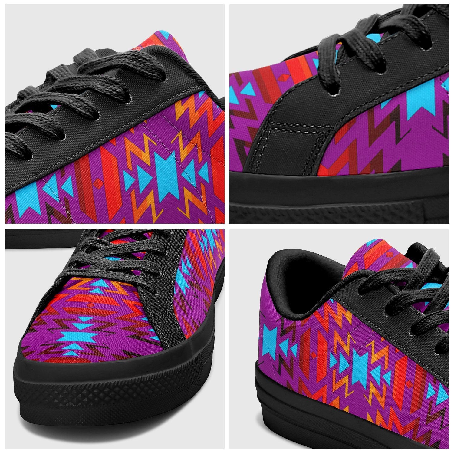 Big Pattern Fire Colors and Turquoise Purple Aapisi Low Top Canvas Shoes Black Sole 49 Dzine