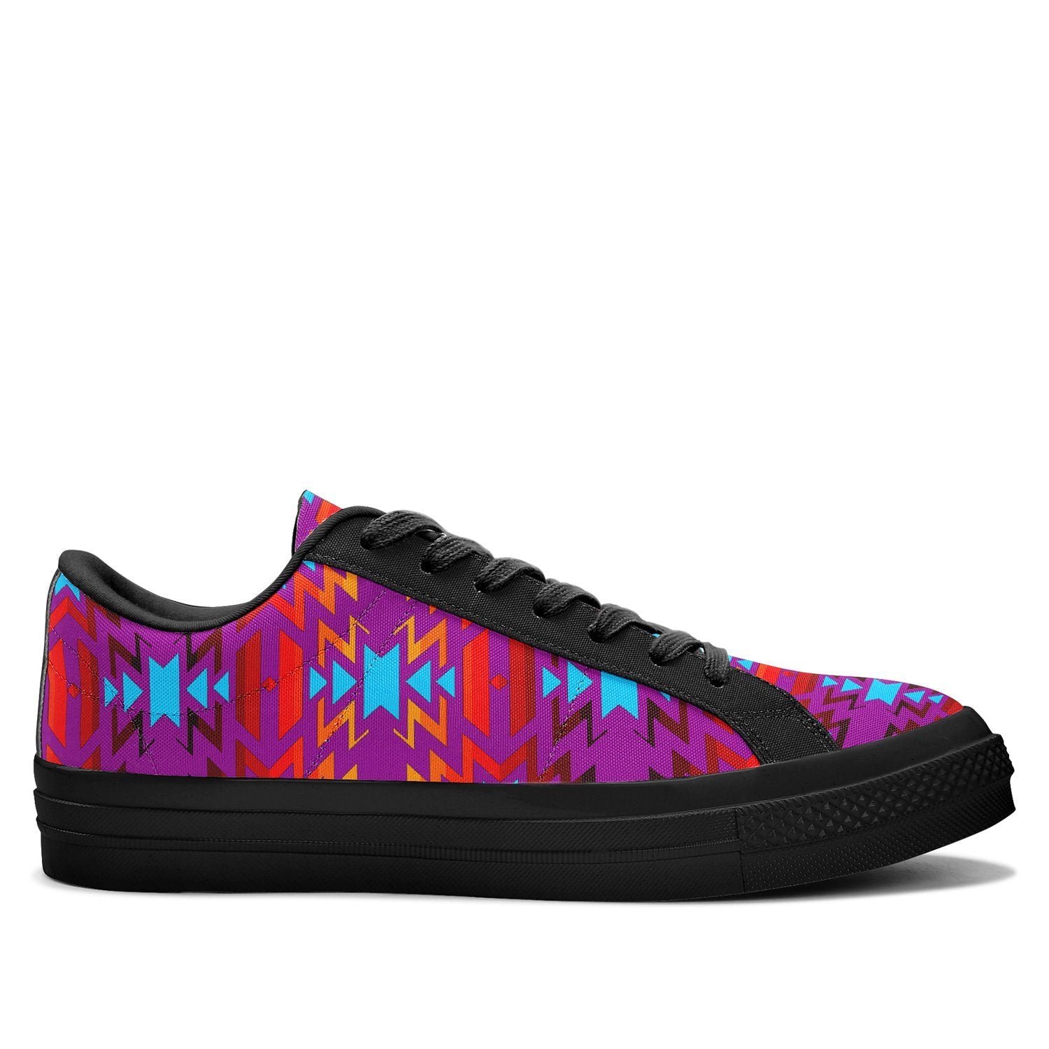Big Pattern Fire Colors and Turquoise Purple Aapisi Low Top Canvas Shoes Black Sole 49 Dzine