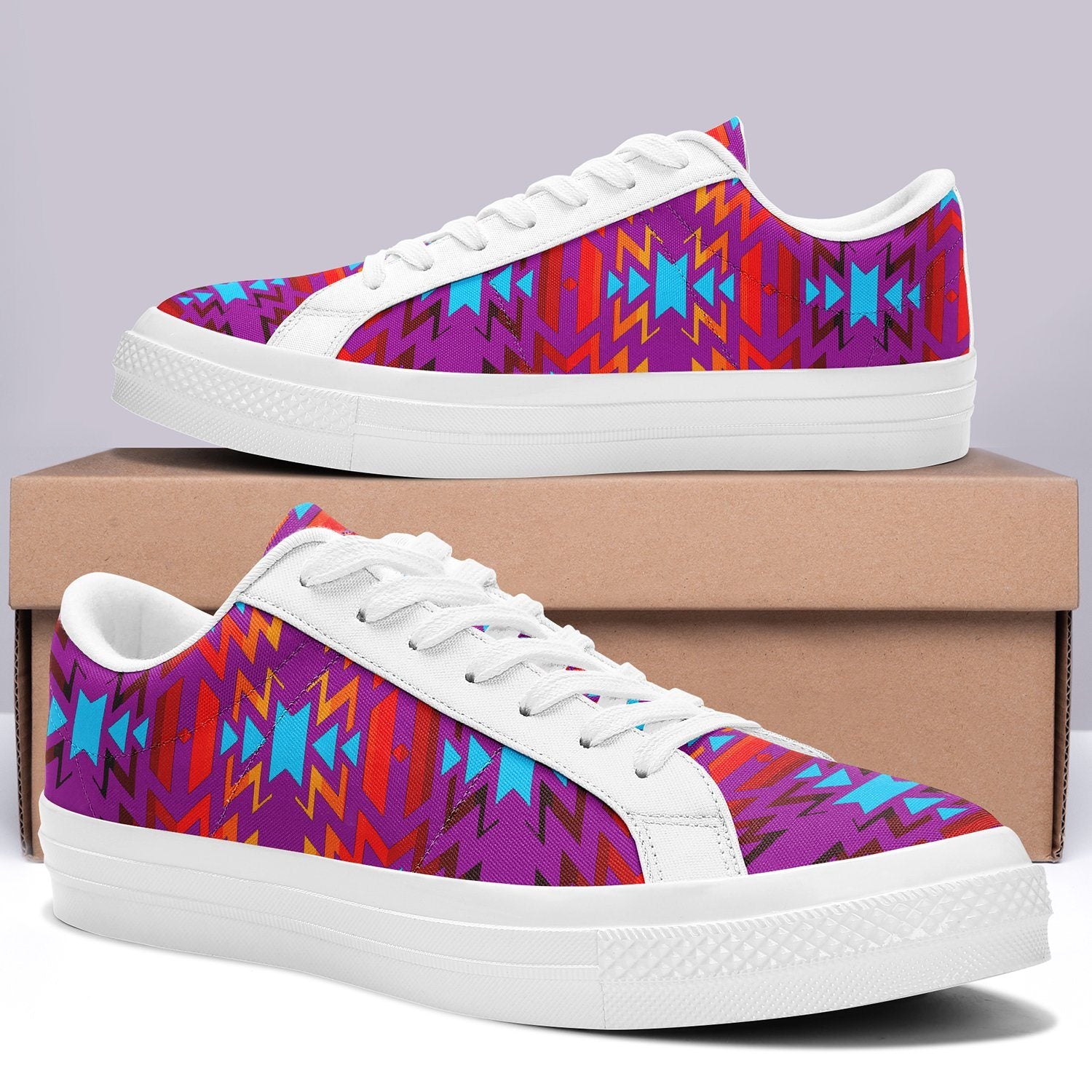Big Pattern Fire Colors and Turquoise Purple Aapisi Low Top Canvas Shoes White Sole 49 Dzine