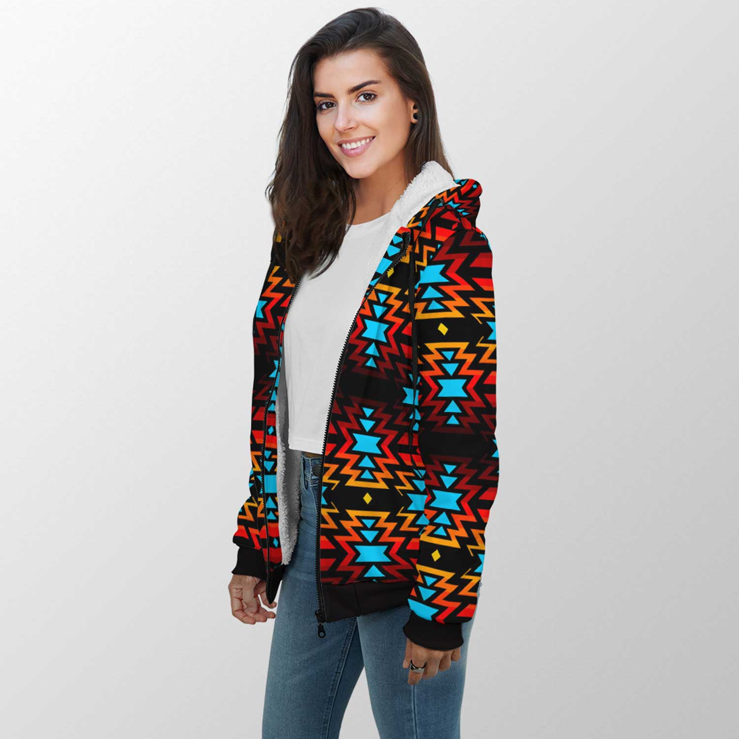 Black Fire and Turquoise Sherpa Hoodie 49 Dzine