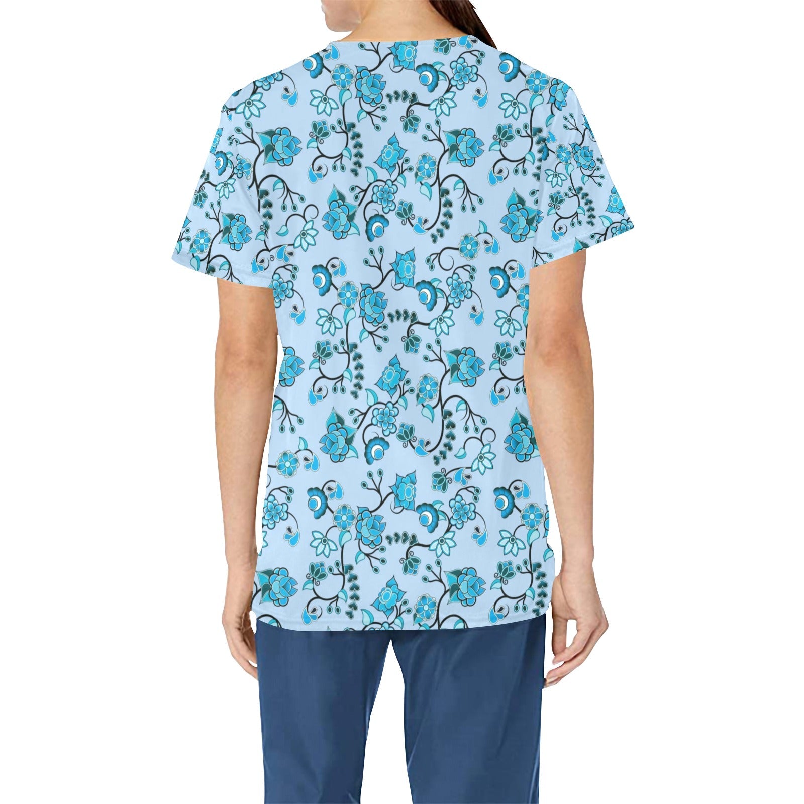 Blue Floral Amour All Over Print Scrub Top Scrub Top e-joyer