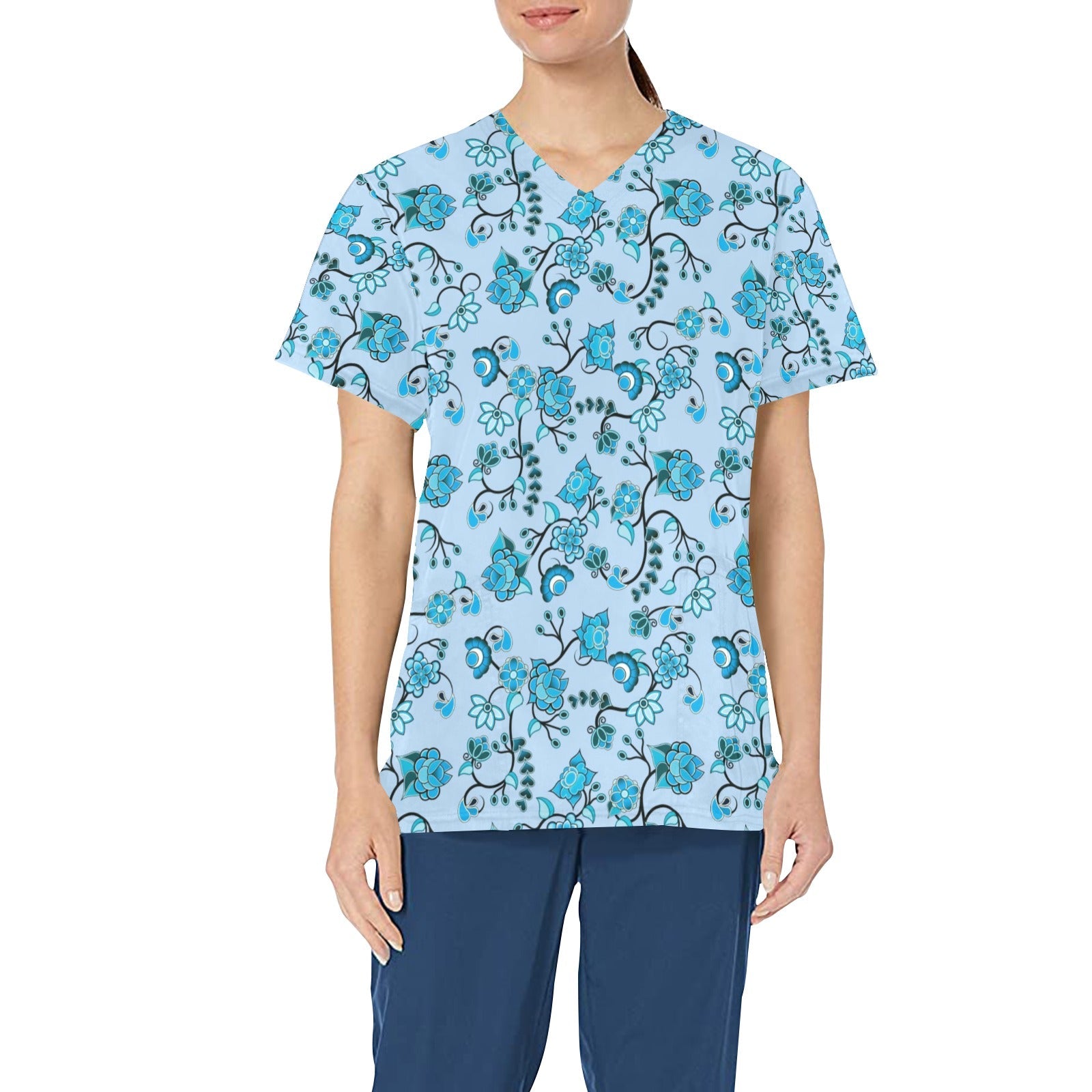 Blue Floral Amour All Over Print Scrub Top Scrub Top e-joyer