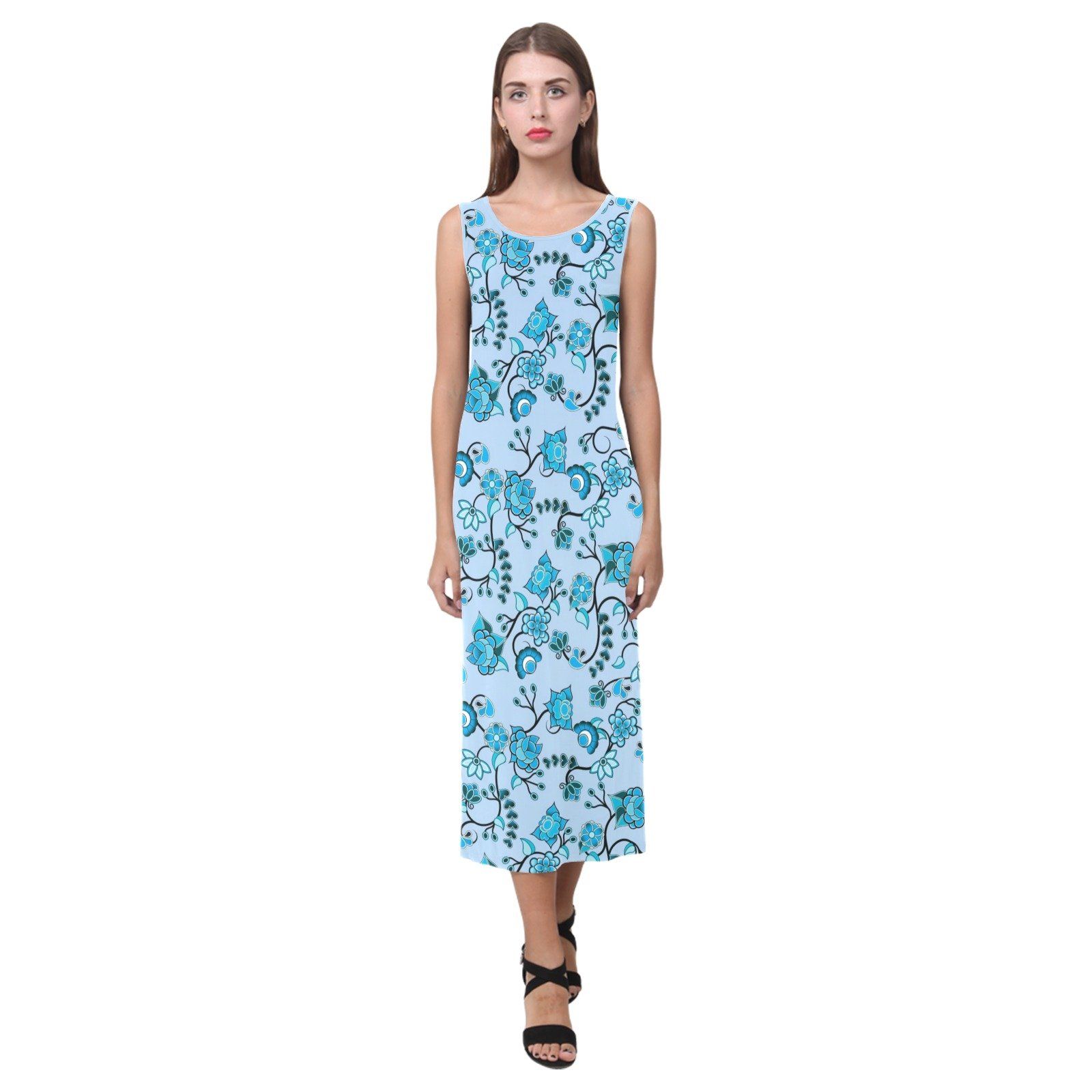 Blue Floral Amour Phaedra Sleeveless Open Fork Long Dress (Model D08) Phaedra Sleeveless Open Fork Long Dress (D08) e-joyer