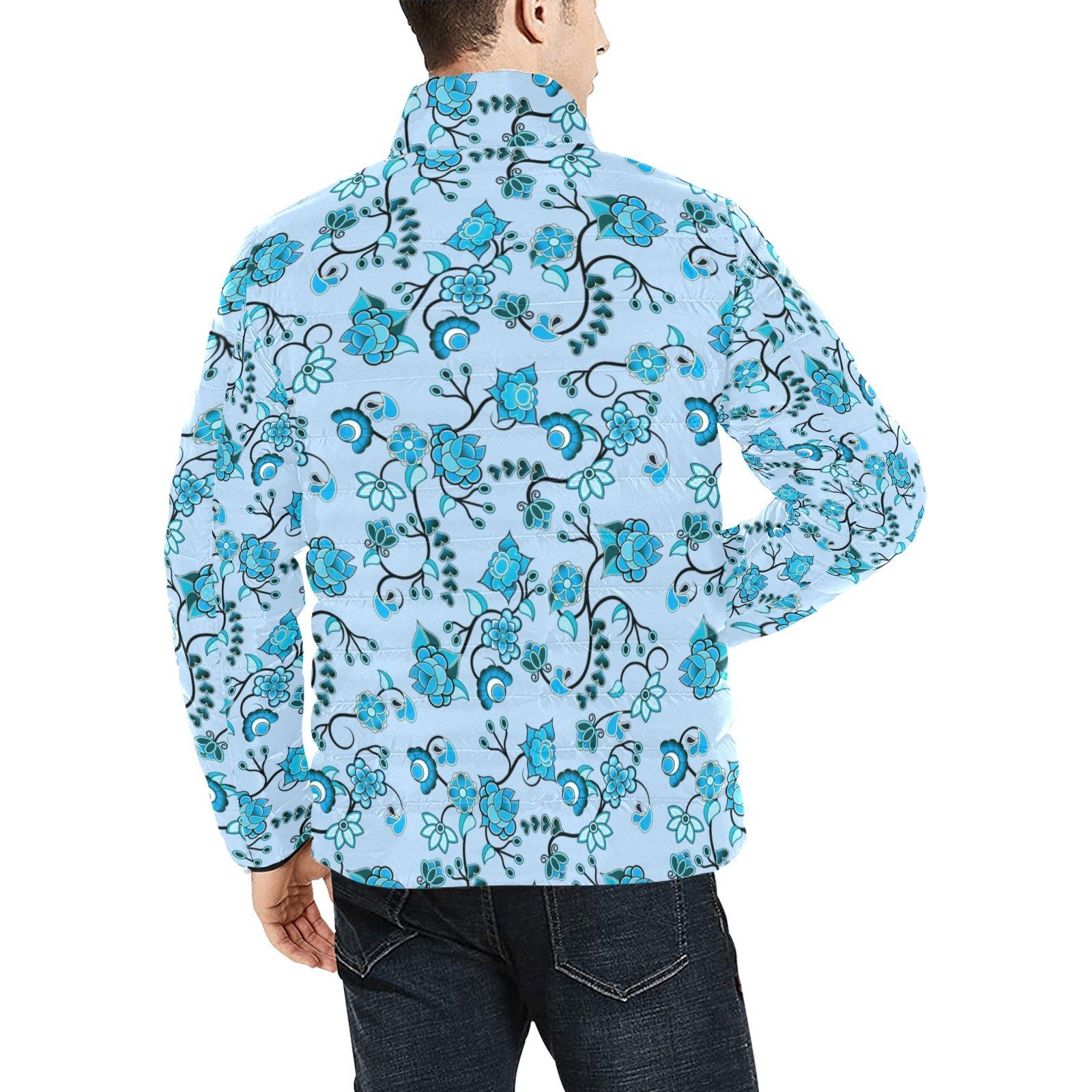 Blue Floral Amour Unisex Stand Collar Padded Jacket Men's Stand Collar Padded Jacket (H41) e-joyer