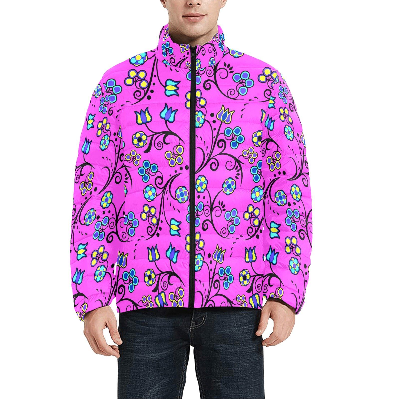 Blue Trio Bubblegum Men's Stand Collar Padded Jacket (Model H41) Men's Stand Collar Padded Jacket (H41) e-joyer