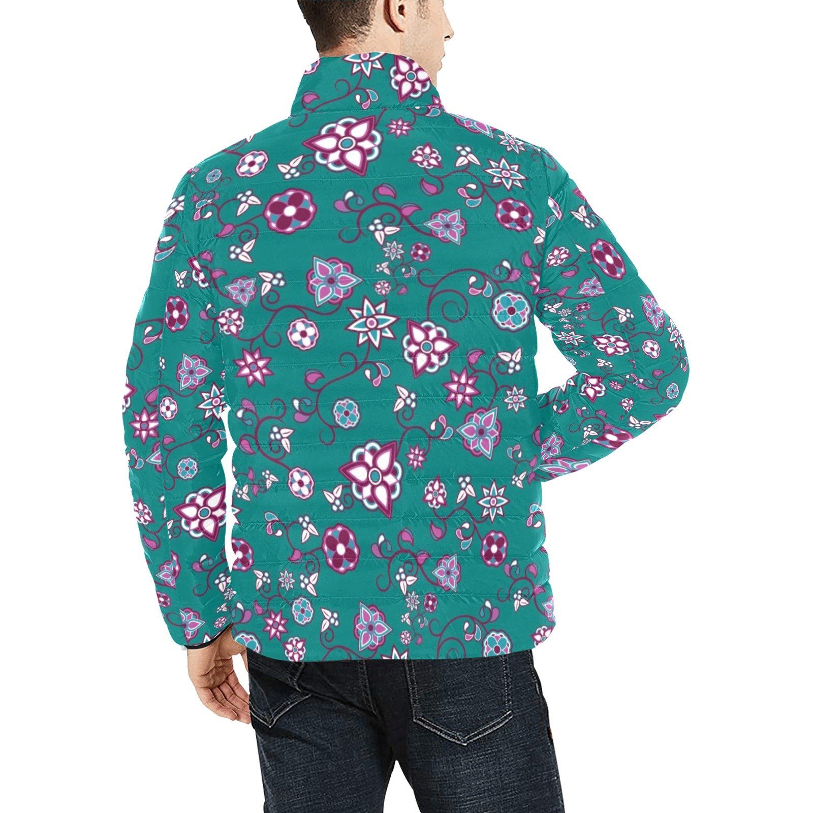 Burgundy Bloom Men's Stand Collar Padded Jacket (Model H41) Men's Stand Collar Padded Jacket (H41) e-joyer