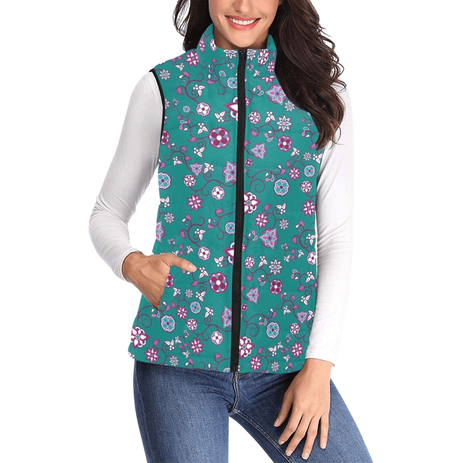 Burgundy Bloom Women's Padded Vest Jacket (Model H44) Women's Padded Vest Jacket (H44) e-joyer