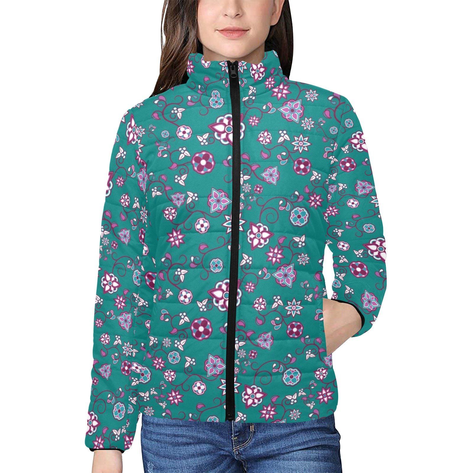 Burgundy Bloom Women's Stand Collar Padded Jacket (Model H41) jacket e-joyer